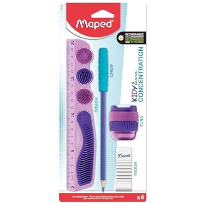Maped Kidy Learn koncentrationsset lila linjal 20 cm okrossbar pennvässare suddgummi sensorisk avslappnande spets grafitpenna koncentrationsstöd rekommenderad av lärare Maped Kidy Learn koncentrationsset lila linjal 20 cm okrossbar pennvässare suddgummi sensorisk avslappnande spets grafitpenna koncentrationsstöd rekommenderad av lärare