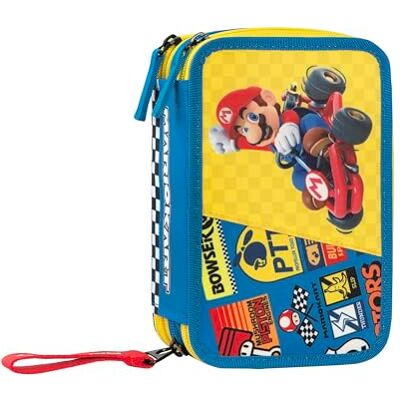 Franco Cosimo Panini MARIO Kart Officiell skolväska, Mario Kart, pennfodral med 3 fack för pojkar och flickor med brevpapper, blå raderbar penna och praktisk dragkedja, 20 x 13 x 7 cm, Blå, Vardaglig Franco Cosimo Panini MARIO Kart Officiell skolväska, Mario Kart, pennfodral med 3 fack för pojkar och flickor med brevpapper, blå raderbar penna och praktisk dragkedja, 20 x 13 x 7 cm, Blå, Vardaglig
