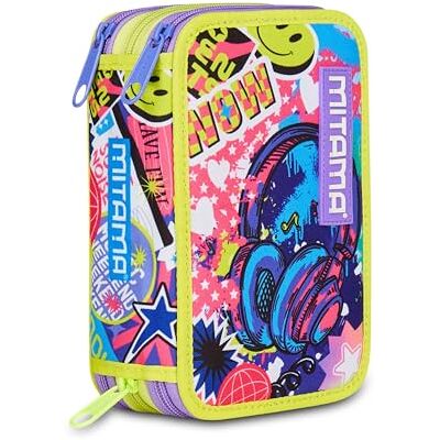 Mitama Pennfodral för skola 3 fack, TRIPLO MUSIC STICKER, innehåll 47 st, komplett med blyertspennor, markörer, pennhållare för barn grundskola, Lila, Modern Mitama Pennfodral för skola 3 fack, TRIPLO MUSIC STICKER, innehåll 47 st, komplett med blyertspennor, markörer, pennhållare för barn grundskola, Lila, Modern