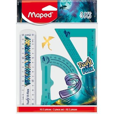 Maped Twist'N Flex Dragon Mini ritningssats 3 delar okrossbar 15 cm linjal + 60° vinkel + 180° gradskiva Maped Twist'N Flex Dragon Mini ritningssats 3 delar okrossbar 15 cm linjal + 60° vinkel + 180° gradskiva