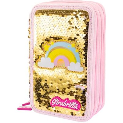 Girabrilla Kawaii pennfodral med 3 fack, guld och rosa, 19118 Girabrilla Kawaii pennfodral med 3 fack, guld och rosa, 19118
