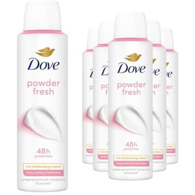 Dove Spray Deodorant, Classic Care Powder, Spray Antiperspirant Deodorant, Upp till 48 timmars skydd, med 1/4 fuktgivande kräm, mild formel, deodorant för män och kvinnor, 6 stycken på 150 ml Dove Spray Deodorant, Classic Care Powder, Spray Antiperspirant Deodorant, Upp till 48 timmars skydd, med 1/4 fuktgivande kräm, mild formel, deodorant för män och kvinnor, 6 stycken på 150 ml