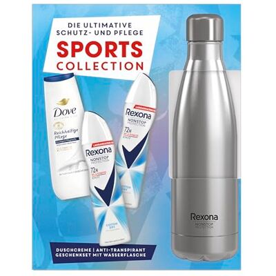 Rexona Presentset för kvinnor Sports Collection vårdset med 2 x anti-perspirant (2 x 150 ml), duschkräm (225 ml) och en vattenflaska av rostfritt stål (750 ml) Rexona Presentset för kvinnor Sports Collection vårdset med 2 x anti-perspirant (2 x 150 ml), duschkräm (225 ml) och en vattenflaska av rostfritt stål (750 ml)