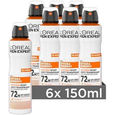L'Oréal Men Expert L'Oréal Män Expert 72H Deodorantspray för män, kroppsspray mot svettlukt, svettning och underarmvätta, män antiperspirant med kylande effekt utan alkohol, Hydra Energy Extreme Sport, 6 x 150 ml L'Oréal Men Expert L'Oréal Män Expert 72H Deodorantspray för män, kroppsspray mot svettlukt, svettning och underarmvätta, män antiperspirant med kylande effekt utan alkohol, Hydra Energy Extreme Sport, 6 x 150 ml