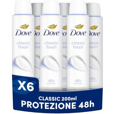 Dove Klassisk Care Spray Deodorant, Antiperspirant Deodorant, skydd upp till 48 timmar, med 1/4 fuktgivande kräm, Delikat Formula, Deodorant Män och Kvinnor, Alkoholfri, 6 x 200 ml Dove Klassisk Care Spray Deodorant, Antiperspirant Deodorant, skydd upp till 48 timmar, med 1/4 fuktgivande kräm, Delikat Formula, Deodorant Män och Kvinnor, Alkoholfri, 6 x 200 ml