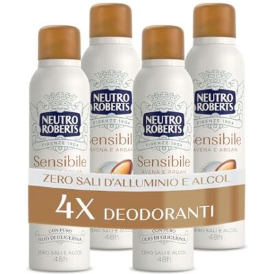 Neutro Roberts , Känslig hud Deodorant Spray med lugnande havre och argan, noll aluminiumsalter, noll alkohol, med ren glycerinolja, dermatologiskt testad, 48 h 4 st på 150 ml Neutro Roberts , Känslig hud Deodorant Spray med lugnande havre och argan, noll aluminiumsalter, noll alkohol, med ren glycerinolja, dermatologiskt testad, 48 h 4 st på 150 ml