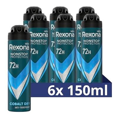 Rexona 6 x Män Nonstop Protection Deodorant Spray Cobalt Dry Anti-Perspirant med 72 timmars skydd mot svett och kroppslukt 150 ml Rexona 6 x Män Nonstop Protection Deodorant Spray Cobalt Dry Anti-Perspirant med 72 timmars skydd mot svett och kroppslukt 150 ml