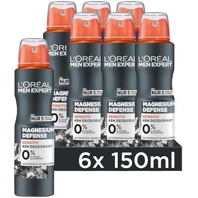 L'Oréal Men Expert L'Oréal Män Expert 48H Sensitiv deodorantspray för män, kroppsspray mot svettlukt, svettning och underarmvätta, män antiperspirant utan alkohol och aluminium, magnesium Defense, 6 x 150 ml L'Oréal Men Expert L'Oréal Män Expert 48H Sensitiv deodorantspray för män, kroppsspray mot svettlukt, svettning och underarmvätta, män antiperspirant utan alkohol och aluminium, magnesium Defense, 6 x 150 ml