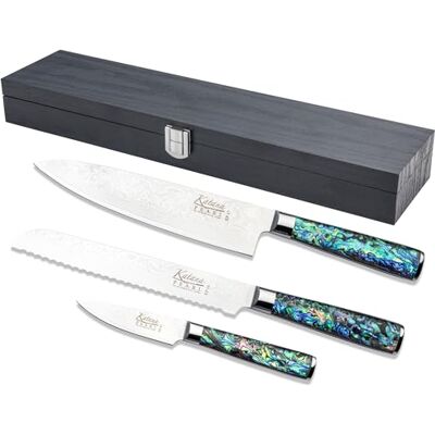 Katana Saya Pearl 3-delat köksknivset VG-10 Damaskusstål med hög kolhalt för extrem seghet och skärpa handtag i akryl med abalone-mönster Katana Saya Pearl 3-delat köksknivset VG-10 Damaskusstål med hög kolhalt för extrem seghet och skärpa handtag i akryl med abalone-mönster