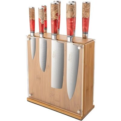 Katana Saya Elements 9-delat knivblock, vulkanröd – Högkolhaltigt VG-10 Damaskusstål för extrem hårdhet och skärpa – Handtag i naturligt olivträ och harts Katana Saya Elements 9-delat knivblock, vulkanröd – Högkolhaltigt VG-10 Damaskusstål för extrem hårdhet och skärpa – Handtag i naturligt olivträ och harts