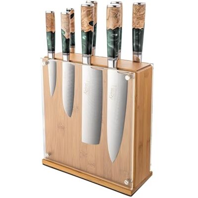 Katana Saya Elements 9-delat knivblock, regnskogsgrön – Högkolhaltigt VG-10 Damaskusstål för extrem hårdhet och skärpa – Handtag i naturligt olivträ och harts Katana Saya Elements 9-delat knivblock, regnskogsgrön – Högkolhaltigt VG-10 Damaskusstål för extrem hårdhet och skärpa – Handtag i naturligt olivträ och harts