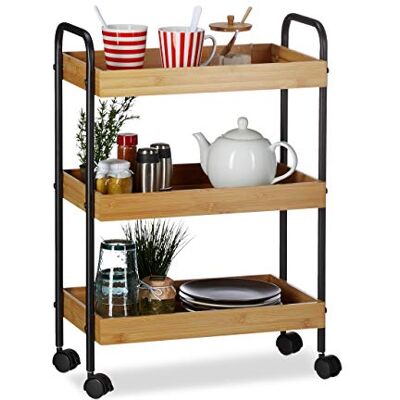 Relaxdays , natur/svart bambuvagn, 3 hyllor, naturligt utseende, 360° roterbara hjul, stål, H x B x D: 70 x 50 x 28 cm, standard Relaxdays , natur/svart bambuvagn, 3 hyllor, naturligt utseende, 360° roterbara hjul, stål, H x B x D: 70 x 50 x 28 cm, standard