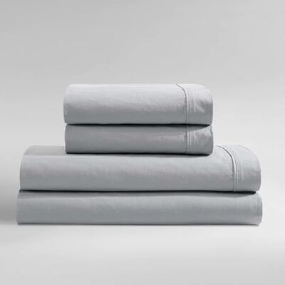 Calvin Queen Bed Sheets, Relaxed Garment Washed Cotton Percale Bedding Set with Matching Pillowcases, Deep Pockets, Oeko-TEX Certified (Washed Percale Steel Blue, Queen) Calvin Queen Bed Sheets, Relaxed Garment Washed Cotton Percale Bedding Set with Matching Pillowcases, Deep Pockets, Oeko-TEX Certified (Washed Percale Steel Blue, Queen)