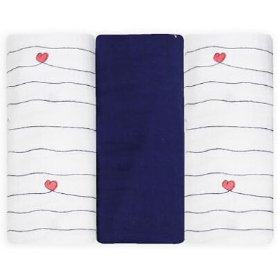 Trois Kilos Sept Set med 3 babyslingor födsel multianvändning: lindning, amning, byte, lätt filt – 100% Oeko-TEX® standard 100 bomull – marinblå – hjärtrandigt mönster, 70 x 70 cm Trois Kilos Sept Set med 3 babyslingor födsel multianvändning: lindning, amning, byte, lätt filt – 100% Oeko-TEX® standard 100 bomull – marinblå – hjärtrandigt mönster, 70 x 70 cm
