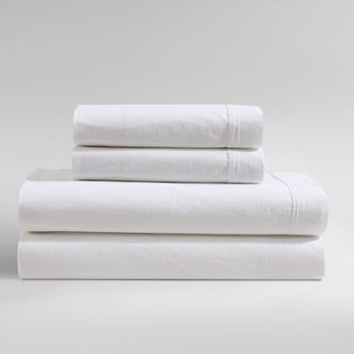 Calvin Queen Bed Sheets, Relaxed Garment Washed Cotton Percale Bedding Set with Matching Pillowcases, Deep Pockets, Oeko-TEX Certified (Washed Percale White, Queen) Calvin Queen Bed Sheets, Relaxed Garment Washed Cotton Percale Bedding Set with Matching Pillowcases, Deep Pockets, Oeko-TEX Certified (Washed Percale White, Queen)