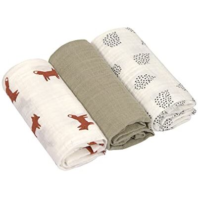 Lassig LÄSSIG Babyfilt barnomsorgslakan, set med 3 bomull 60 x 60 cm/Swaddle & Burp Blanket M Little Forest Fox Lassig LÄSSIG Babyfilt barnomsorgslakan, set med 3 bomull 60 x 60 cm/Swaddle & Burp Blanket M Little Forest Fox