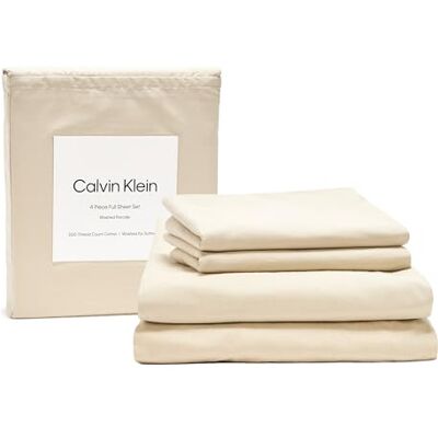 Calvin Full Bed Sheets, Relaxed Garment Washed Cotton Percale Bedding Set with Matching Pillowcases, Deep Pockets, Oeko-Tex Certified (Washed Percale Green) Calvin Full Bed Sheets, Relaxed Garment Washed Cotton Percale Bedding Set with Matching Pillowcases, Deep Pockets, Oeko-Tex Certified (Washed Percale Green)
