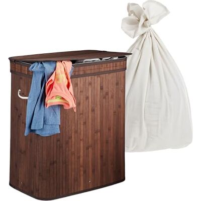Relaxdays Tvättkorg med lock, 3 fack, bambu, 105 l, vikbar, H x B x D: 63 x 52 x 32 cm, tvättsorteringssystem, mörkbrun Relaxdays Tvättkorg med lock, 3 fack, bambu, 105 l, vikbar, H x B x D: 63 x 52 x 32 cm, tvättsorteringssystem, mörkbrun
