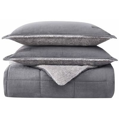 Eddie Bauer Påslakan-set, ultramjukt och mysigt, sherpa vändbara sängkläder med matchande sjal, 100% polyesterfleece, grå, drottning Eddie Bauer Påslakan-set, ultramjukt och mysigt, sherpa vändbara sängkläder med matchande sjal, 100% polyesterfleece, grå, drottning