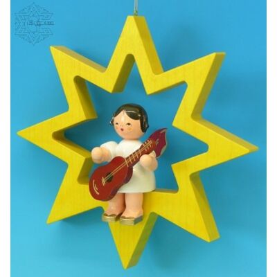 Original Erzgebirge Volkskunst Sittande ängel med gitarr, Vingar Färg: Röd Original Erzgebirge Volkskunst Sittande ängel med gitarr, Vingar Färg: Röd
