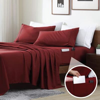 Swift Home Smarta lakan, ultramjukt borstad mikrofiber 3-delat lakanset med sidoförvaringsfickor – vinröd, dubbel XL Swift Home Smarta lakan, ultramjukt borstad mikrofiber 3-delat lakanset med sidoförvaringsfickor – vinröd, dubbel XL