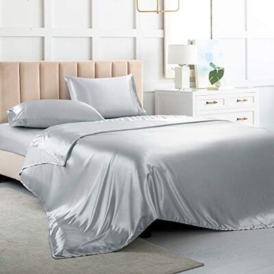 Luxbedding Satin lakan, full storlek lakan-silver grå lakanset – 4 st silkeslena sänglakanset med 1 djup ficka, 1 lakan, 2 örngott Luxbedding Satin lakan, full storlek lakan-silver grå lakanset – 4 st silkeslena sänglakanset med 1 djup ficka, 1 lakan, 2 örngott