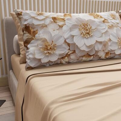 PETTI Artigiani Italiani Bomullslakan med örngott i digitalt tryck, fransk mellanstor säng, set med blommönster 33 beige, 100% tillverkad i Italien PETTI Artigiani Italiani Bomullslakan med örngott i digitalt tryck, fransk mellanstor säng, set med blommönster 33 beige, 100% tillverkad i Italien