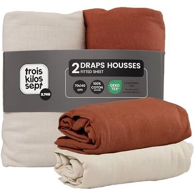 Trois Kilos Sept Set med 2 babyöverdrag 100% bomull elastiska OEKO-TEX Standard 100 certifierad beige sand och terrakotta, 70 x 140 cm Trois Kilos Sept Set med 2 babyöverdrag 100% bomull elastiska OEKO-TEX Standard 100 certifierad beige sand och terrakotta, 70 x 140 cm