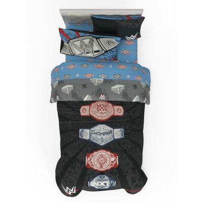 Franco WWE Wrestling Twin Bedding Set – 4 Piece Super Soft Microfiber Reversible Comforter & Sheet Set Featuring Championship Belts (Officially Licensed Product) by Franco WWE Wrestling Twin Bedding Set – 4 Piece Super Soft Microfiber Reversible Comforter & Sheet Set Featuring Championship Belts (Officially Licensed Product) by