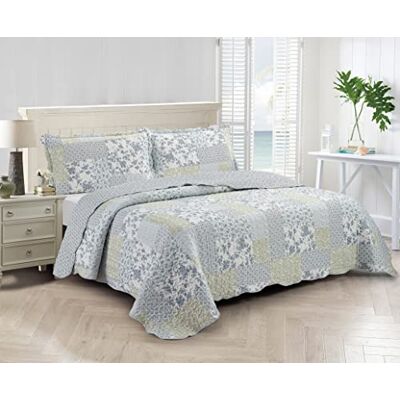 Brilliant Sunshine flerblått och beige blommigt lappverk, 3-delat påslakanset med 2 örngott, vändbart överkast, mjukt lätt täcke, hela säsongen, kung, blå vit Brilliant Sunshine flerblått och beige blommigt lappverk, 3-delat påslakanset med 2 örngott, vändbart överkast, mjukt lätt täcke, hela säsongen, kung, blå vit