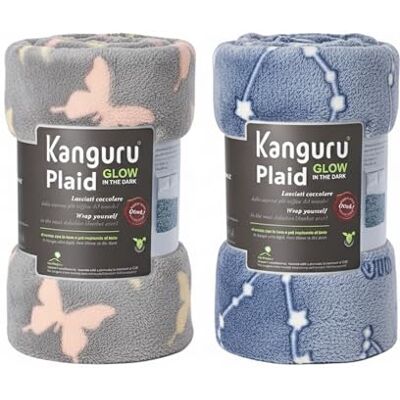 Kanguru Pyjamasparty kit – set med 2 pläd glöd i mörkret 130 x 150 cm grå fjärilar + blå konstellationer – Fluorescerande mjuk fleece pläd för vänskapspartier dekorationer – presentidé Kanguru Pyjamasparty kit – set med 2 pläd glöd i mörkret 130 x 150 cm grå fjärilar + blå konstellationer – Fluorescerande mjuk fleece pläd för vänskapspartier dekorationer – presentidé