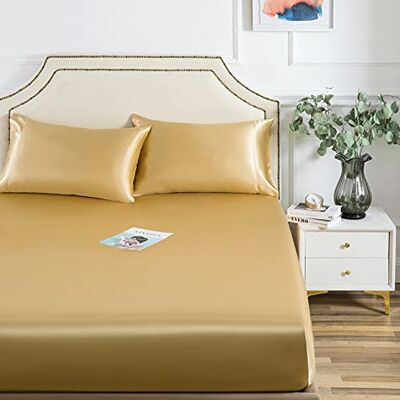 Luxbedding Satin dra-på-lakan, endast king dra-på-lakan, 1 del ultramjuk djup ficka enkel siden botten lakan king guld Luxbedding Satin dra-på-lakan, endast king dra-på-lakan, 1 del ultramjuk djup ficka enkel siden botten lakan king guld