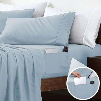 Swift Home Smarta lakan, ultramjukt borstad mikrofiber 3-delat lakanset med sidoförvaringsfickor – blå dimma, dubbel XL Swift Home Smarta lakan, ultramjukt borstad mikrofiber 3-delat lakanset med sidoförvaringsfickor – blå dimma, dubbel XL
