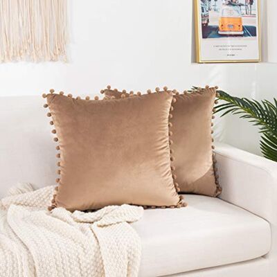 Elegant Comfort POMS Frans-set om 2, sammet mjuk solid dekorativ fyrkantig prydnadskudde överdrag set kuddfodral för bäddsoffa, vardagsrum, 20 x 20, brungrå Elegant Comfort POMS Frans-set om 2, sammet mjuk solid dekorativ fyrkantig prydnadskudde överdrag set kuddfodral för bäddsoffa, vardagsrum, 20 x 20, brungrå