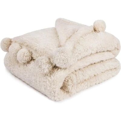 PAVILIA Krämfärgad sherpa filt för soffa och säng – elfenben luddig, mjuk, mysig fluffig filt med pompoms – beige, 60 x 80 PAVILIA Krämfärgad sherpa filt för soffa och säng – elfenben luddig, mjuk, mysig fluffig filt med pompoms – beige, 60 x 80