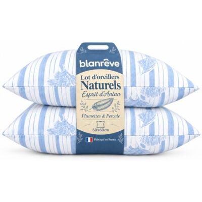blanrêve Set med 2 kuddar från Antan naturliga och miljövänliga fjäder 60 x 60 cm tillverkad i Frankrike, vit randig blå blanrêve Set med 2 kuddar från Antan naturliga och miljövänliga fjäder 60 x 60 cm tillverkad i Frankrike, vit randig blå