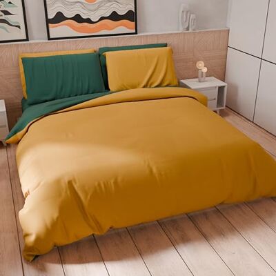 PETTI Artigiani Italiani Dubbeltäcke, Påslakan och örngott i Microfiber, Bicolor Emeraldgrön/Ocra-gul, 100% tillverkad i Italien PETTI Artigiani Italiani Dubbeltäcke, Påslakan och örngott i Microfiber, Bicolor Emeraldgrön/Ocra-gul, 100% tillverkad i Italien