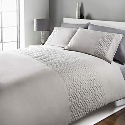 Brentfords Pinsonic påslakan med örngott präglad broderad geometrisk panel sängklädesset, silvergrå – enkel Brentfords Pinsonic påslakan med örngott präglad broderad geometrisk panel sängklädesset, silvergrå – enkel