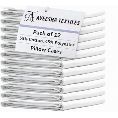 Aveesha 12-pack kuddfodral i polybomull – vita örngott i standardstorlek – 180 trådtäthet perkaleväv örngott – perfekt för användning i hemmet, hotell och sjukhus Aveesha 12-pack kuddfodral i polybomull – vita örngott i standardstorlek – 180 trådtäthet perkaleväv örngott – perfekt för användning i hemmet, hotell och sjukhus