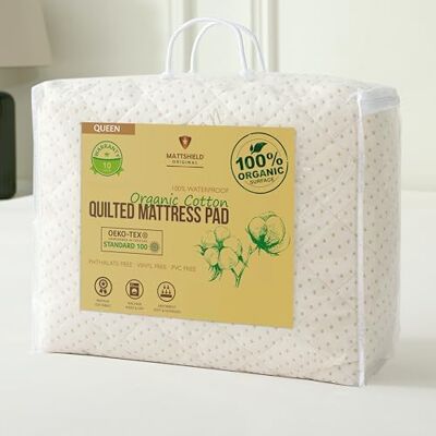 MATTSHIELD ORIGINAL Lyxigt quiltat vattentätt organiskt madrasskydd drottning 100% ekologisk bomull allergivänligt andningsbart madrassöverdrag – premium 380 GSM komfort – anpassat allergiskydd, ultimat vila MATTSHIELD ORIGINAL Lyxigt quiltat vattentätt organiskt madrasskydd drottning 100% ekologisk bomull allergivänligt andningsbart madrassöverdrag – premium 380 GSM komfort – anpassat allergiskydd, ultimat vila