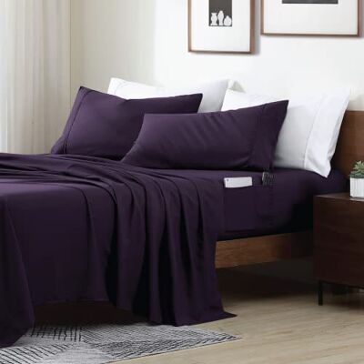 Swift Home Smarta lakan, ultramjukt borstad mikrofiber 4-delat lakanset med sidoförvaringsfickor – aubergine, Queen Swift Home Smarta lakan, ultramjukt borstad mikrofiber 4-delat lakanset med sidoförvaringsfickor – aubergine, Queen