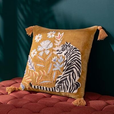 furn. Wylder vit tiger broderad bomull tofs fjäder rik fylld kudde furn. Wylder vit tiger broderad bomull tofs fjäder rik fylld kudde