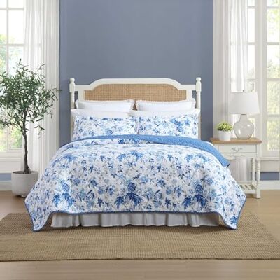 Laura Ashley vändbara bomullssängkläder med matchande örngott, lätt heminredning för alla årstider, brisig blommig blå, full/drottning Laura Ashley vändbara bomullssängkläder med matchande örngott, lätt heminredning för alla årstider, brisig blommig blå, full/drottning