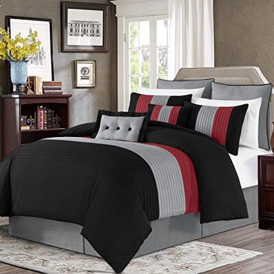 Chezmoi Collection Loft 8-delad lyxig randig täckeset (full, röd/svart/grå) Chezmoi Collection Loft 8-delad lyxig randig täckeset (full, röd/svart/grå)
