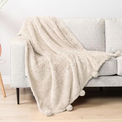 PAVILIA Plysch Sherpa filt med pom-lugg, gräddfärgad elfenben beige fluffig fleece tofs överkast för soffa säng soffa mjuk luddig lurvig lätt dekorativ filt 127 x 152 cm PAVILIA Plysch Sherpa filt med pom-lugg, gräddfärgad elfenben beige fluffig fleece tofs överkast för soffa säng soffa mjuk luddig lurvig lätt dekorativ filt 127 x 152 cm