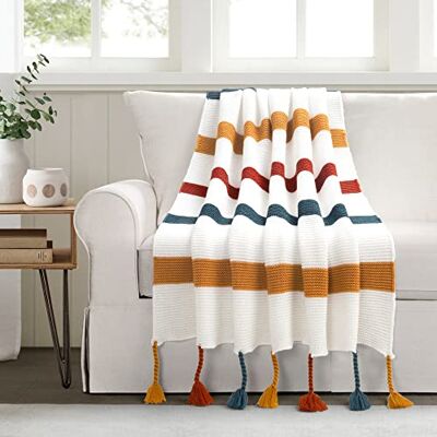 Lush Decor Frodig dekor boho stickad flätad tofs-filt, 152 cm x 127 cm, blågrön och rost Lush Decor Frodig dekor boho stickad flätad tofs-filt, 152 cm x 127 cm, blågrön och rost