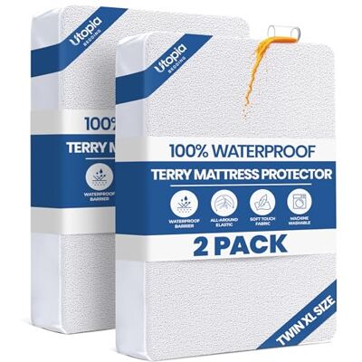 Utopia Bedding Waterproof Mattress Protector Twin XL Size 2 Pack, 200 GSM Breathable Terry Mattress Cover, Fitted Style with Stretchable Pockets (White) Utopia Bedding Waterproof Mattress Protector Twin XL Size 2 Pack, 200 GSM Breathable Terry Mattress Cover, Fitted Style with Stretchable Pockets (White)