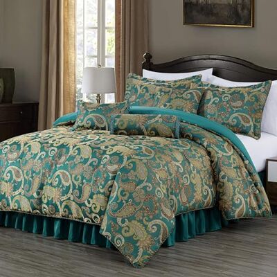 Chezmoi Collection Chezmoi kollektion Adelle 7-delad paisley jacquard broderat täcke bäddset drottning, blågrön Chezmoi Collection Chezmoi kollektion Adelle 7-delad paisley jacquard broderat täcke bäddset drottning, blågrön