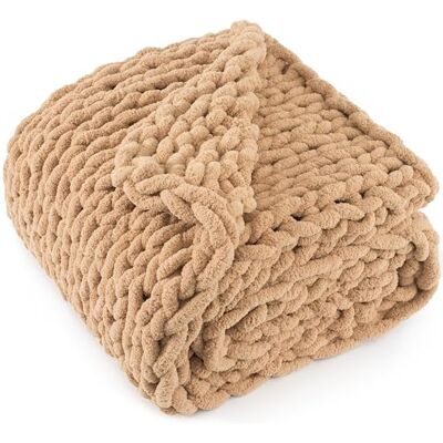 LONG CREATE Chunky stickad filt 127 cm x 152 cm, 100% handgjord med mjukt Chenille-garn, 2 kg tjocka kabelstickade filtar, stor repknut virkad filt för bäddsoffa heminredning, brun LONG CREATE Chunky stickad filt 127 cm x 152 cm, 100% handgjord med mjukt Chenille-garn, 2 kg tjocka kabelstickade filtar, stor repknut virkad filt för bäddsoffa heminredning, brun