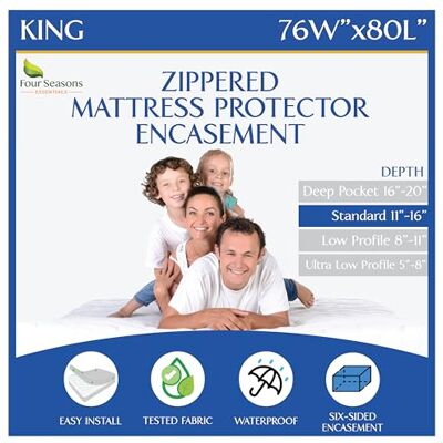Four Seasons Essentials King dragkedja madrasskydd vattentätt hölje allergivänligt högkvalitativt sängöverdrag skyddar mot vätskor, fukt, damm, allergener andningsbart, ljudlöst Four Seasons Essentials King dragkedja madrasskydd vattentätt hölje allergivänligt högkvalitativt sängöverdrag skyddar mot vätskor, fukt, damm, allergener andningsbart, ljudlöst